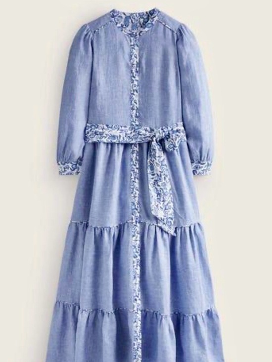 Boden Dresses & Skirts - Boden Alba Linen Maxi Dress Light Blue Tiered Long Dress with Floral Trim